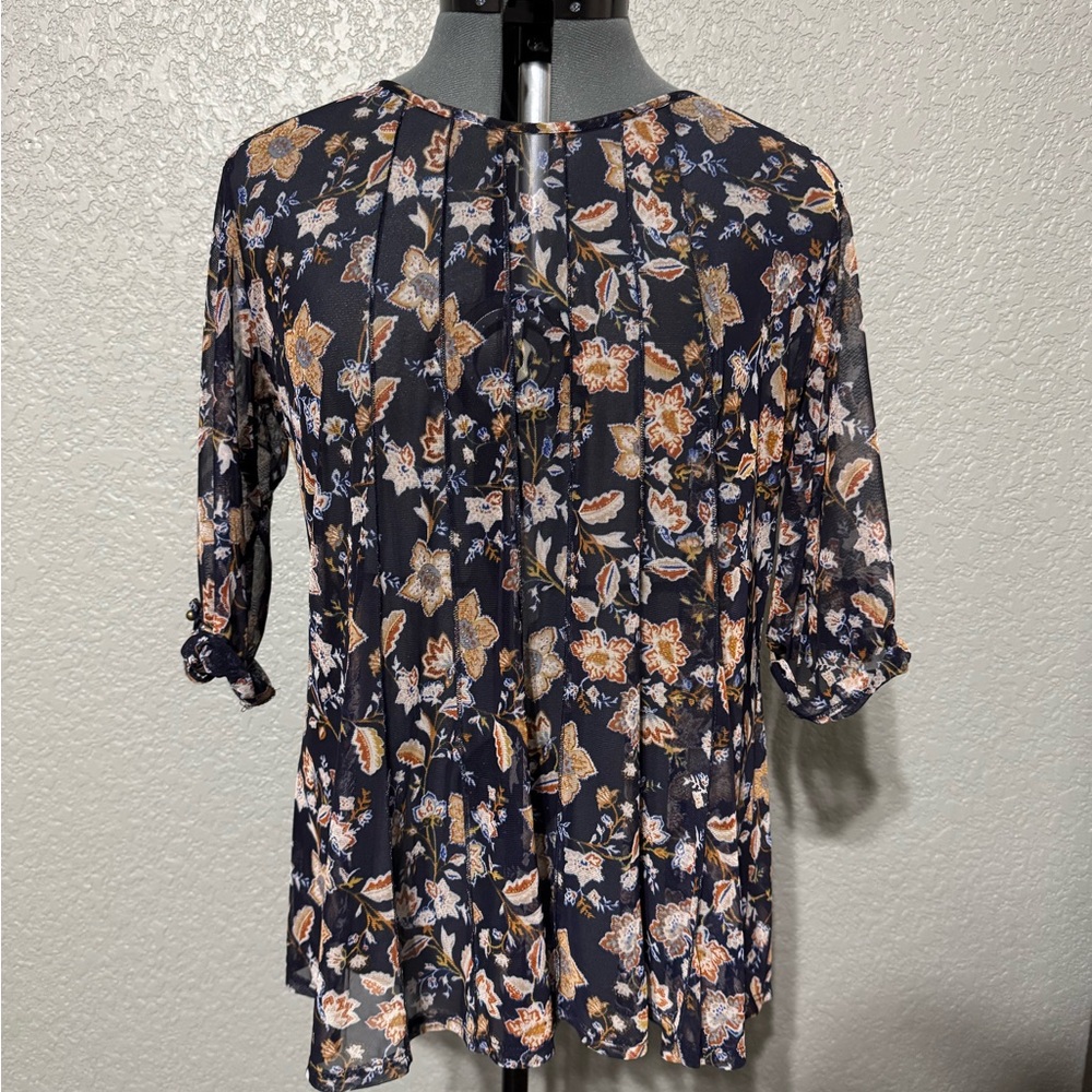 Chic Floral Women's Blouse - Navy and Orange
